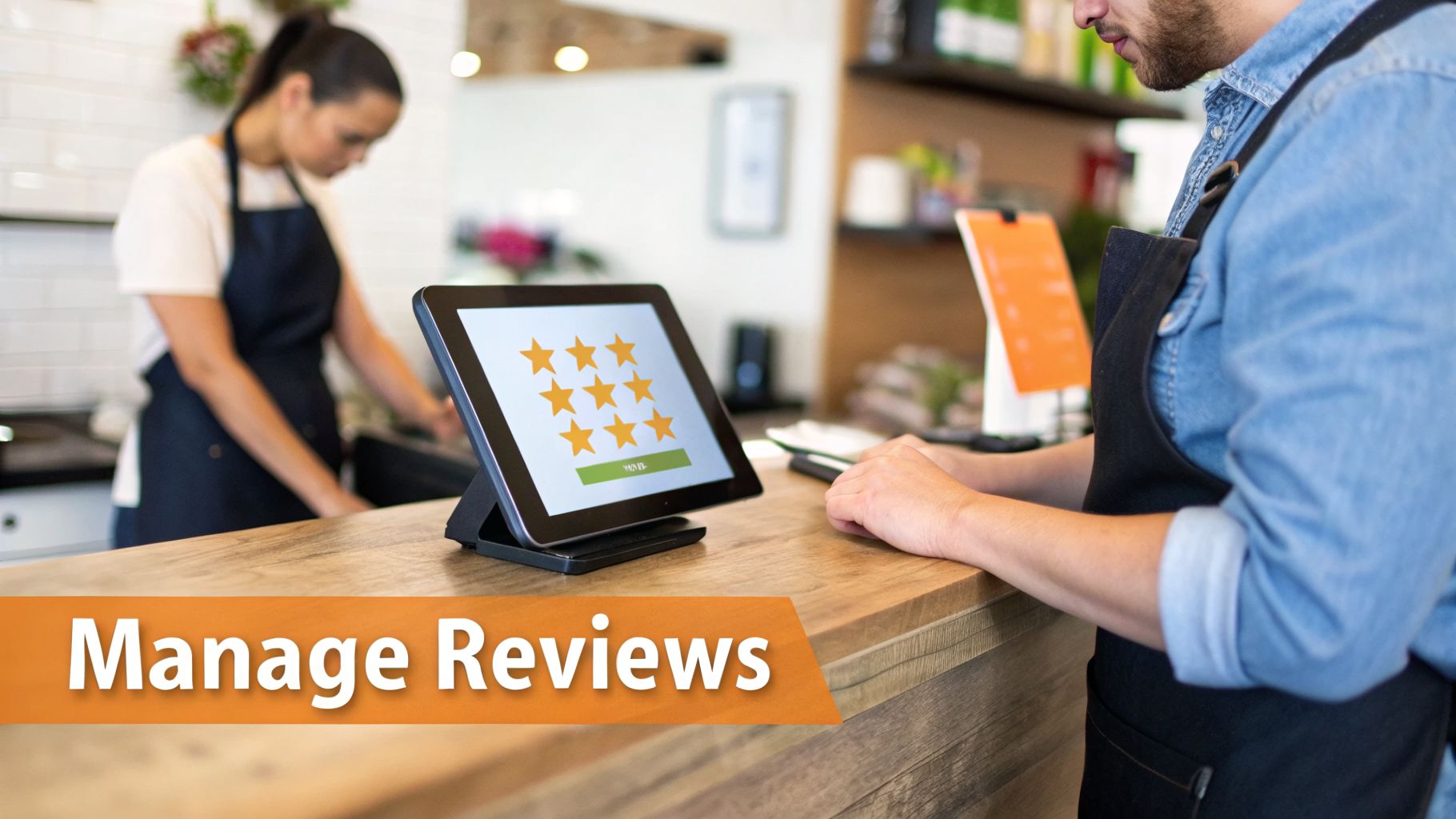 Cafe staff managing customer reviews on a tablet displaying a nine-star rating system on a wooden counter.
