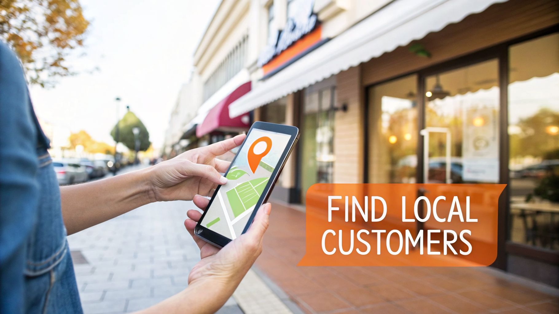 A person uses a smartphone with a map app displaying a location pin, promoting finding local customers for businesses.