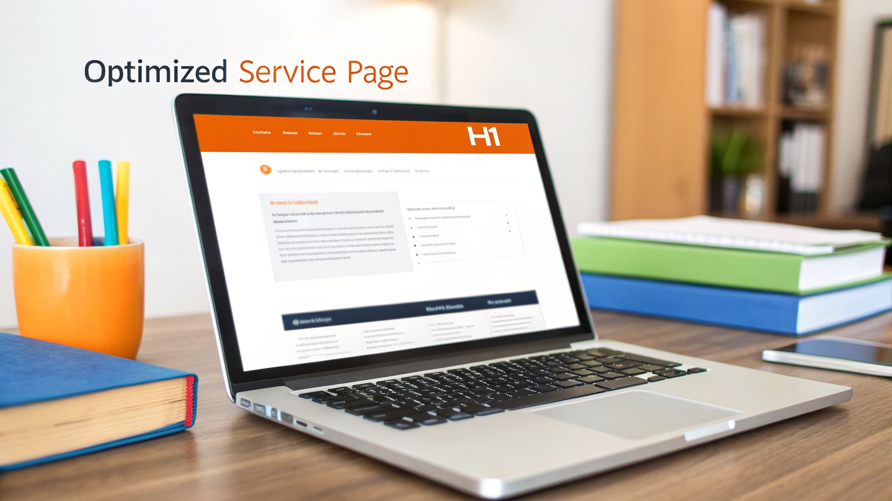 A laptop displaying an optimized service page on a wooden desk with various office supplies.