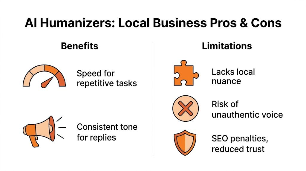A comparison chart showing the benefits and limitations of using AI humanizers for local business marketing strategies.