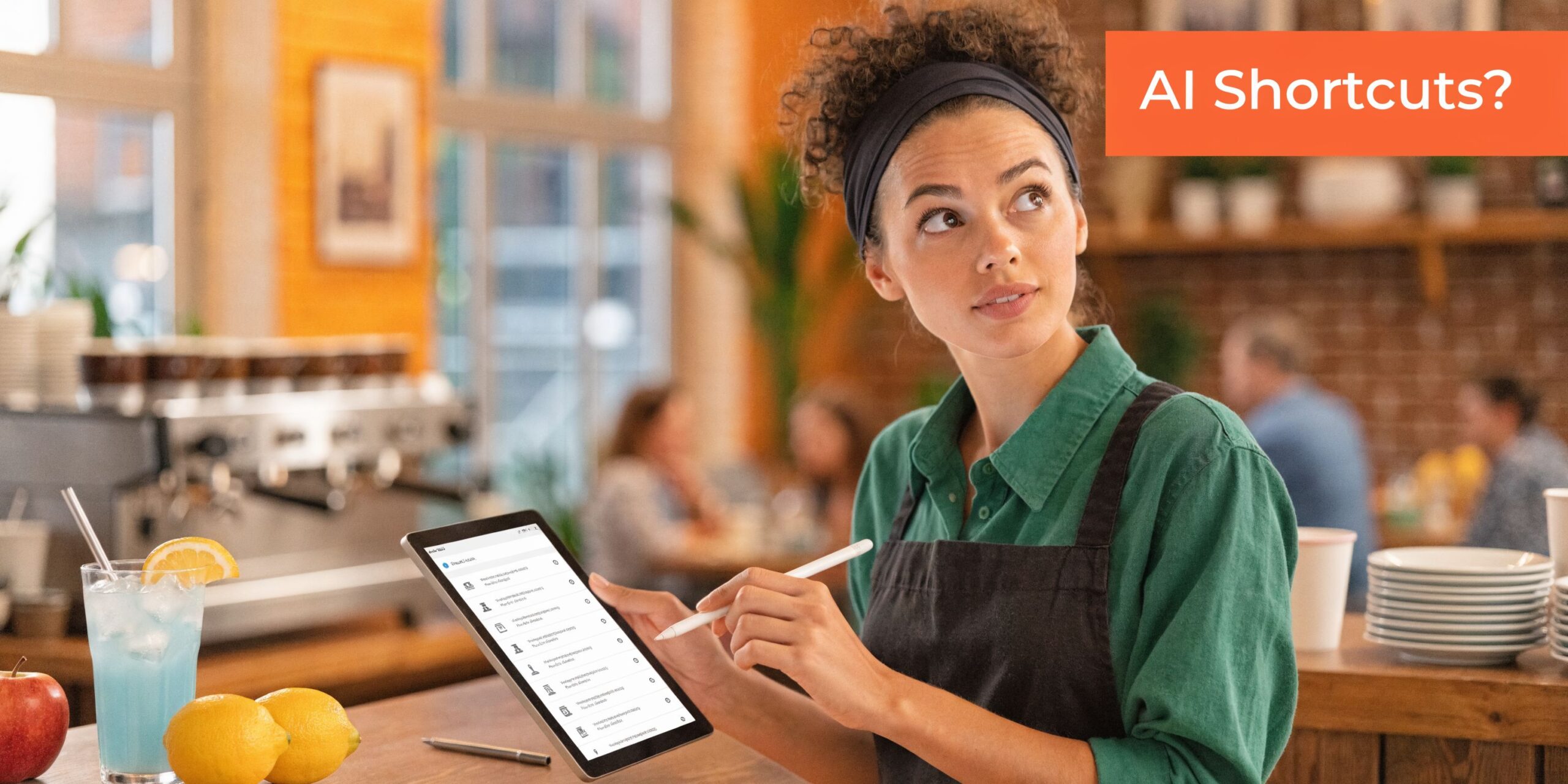 A cafe employee using a digital tablet with a stylus while looking away in thought.