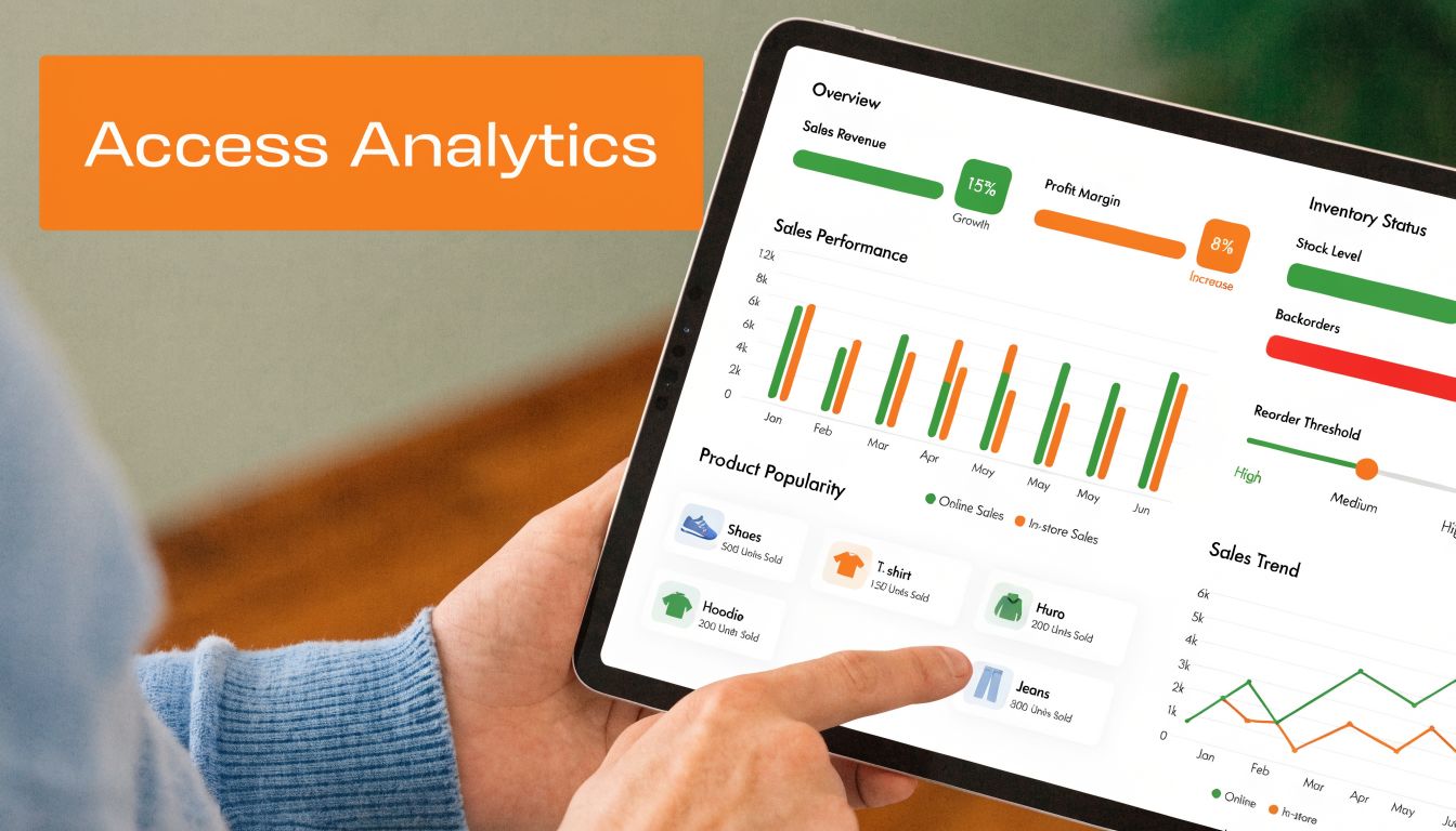 A person using a tablet to view business data analytics, including sales revenue and product popularity metrics.
