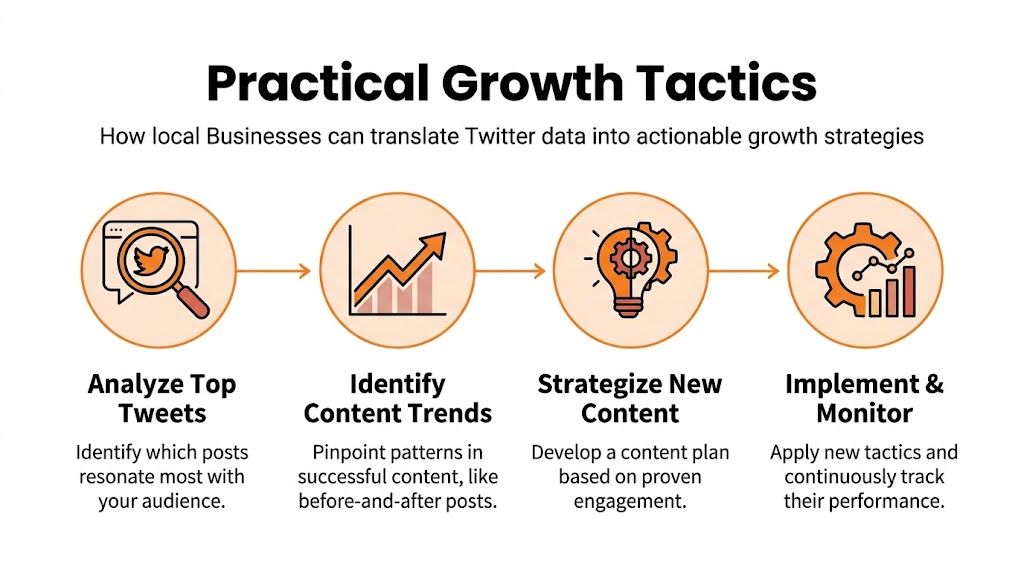A diagram outlining four practical steps for local businesses to turn Twitter analytics into growth strategies.