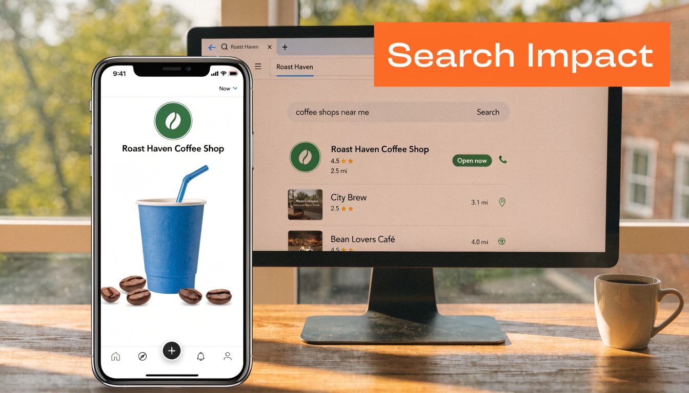 A smartphone app display and a computer monitor showing local business search results for coffee shops nearby.