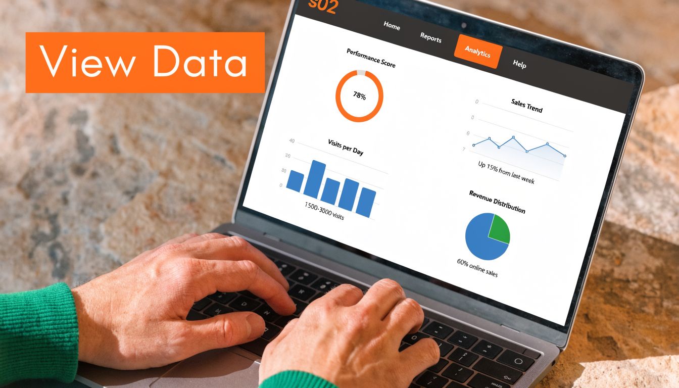 A person using a laptop to view digital analytics dashboards including performance scores and sales data charts.