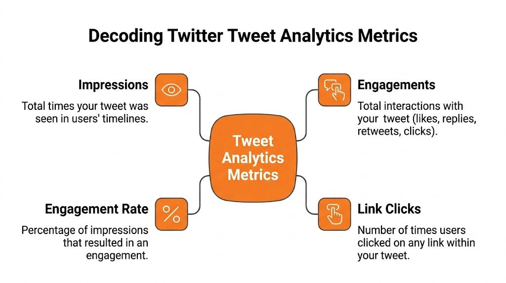 A diagram illustrating the four key metrics of Twitter tweet analytics: impressions, engagements, engagement rate, and link clicks.