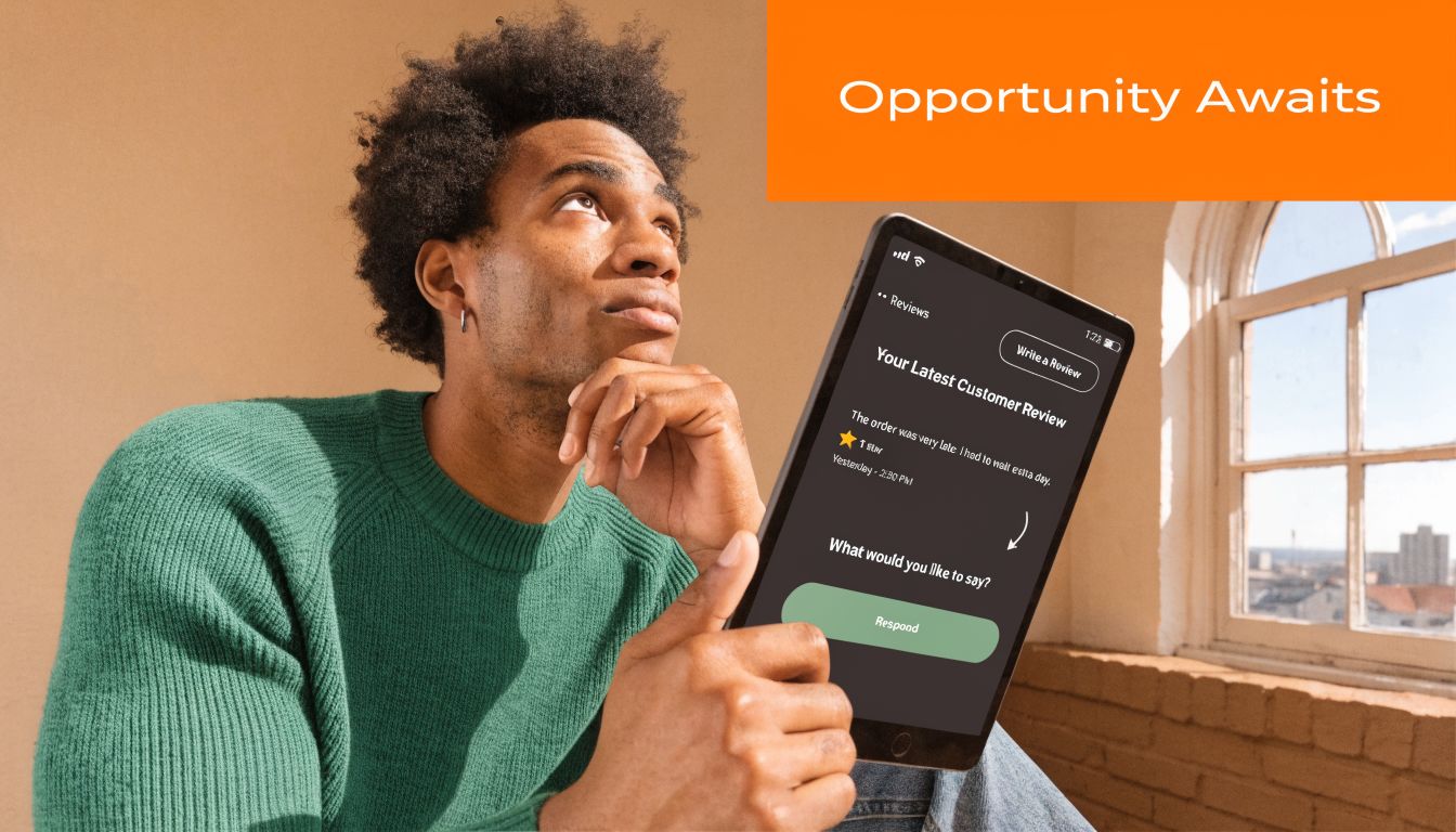 A thoughtful young man in a green sweater holding a tablet showing a one star customer review.