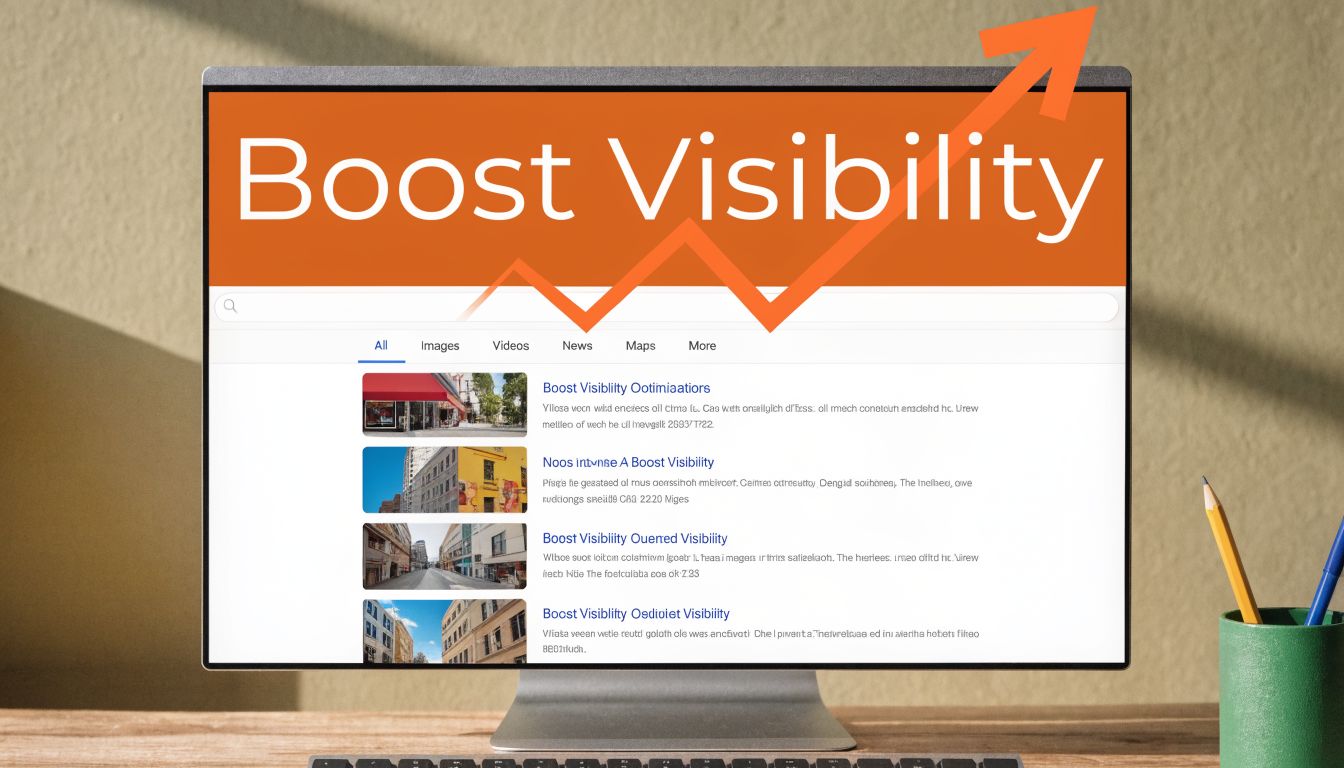 A digital screen displays a search engine result page highlighting the concept of business visibility and growth.