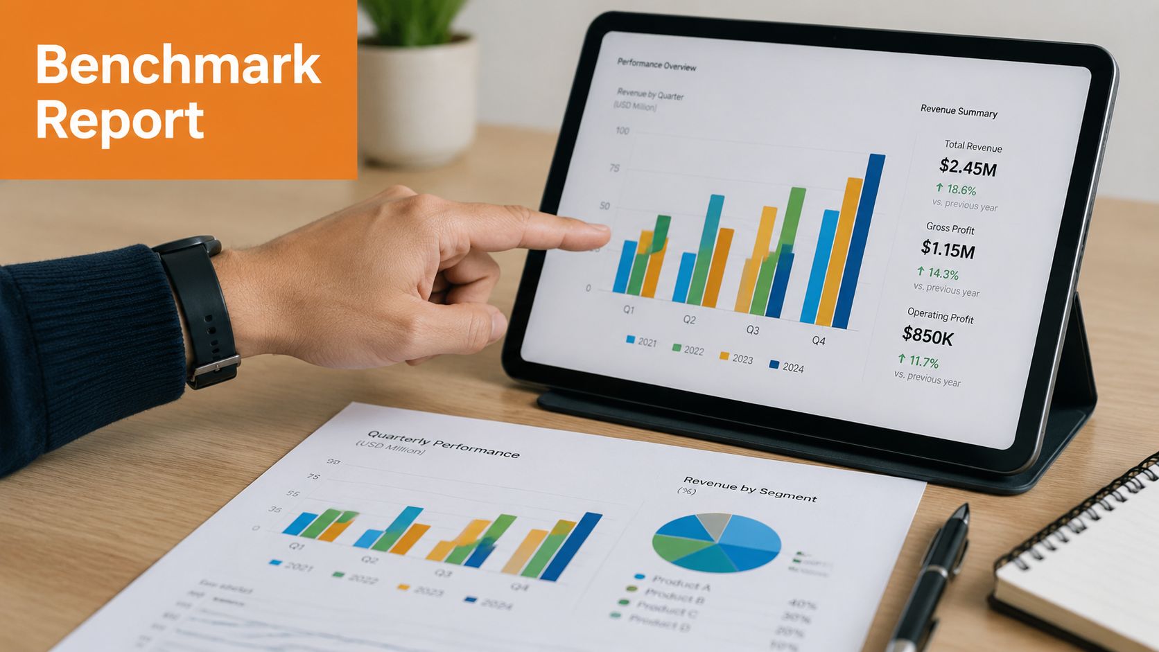 A professional analyzing a digital tablet showing quarterly revenue performance charts and business growth data.