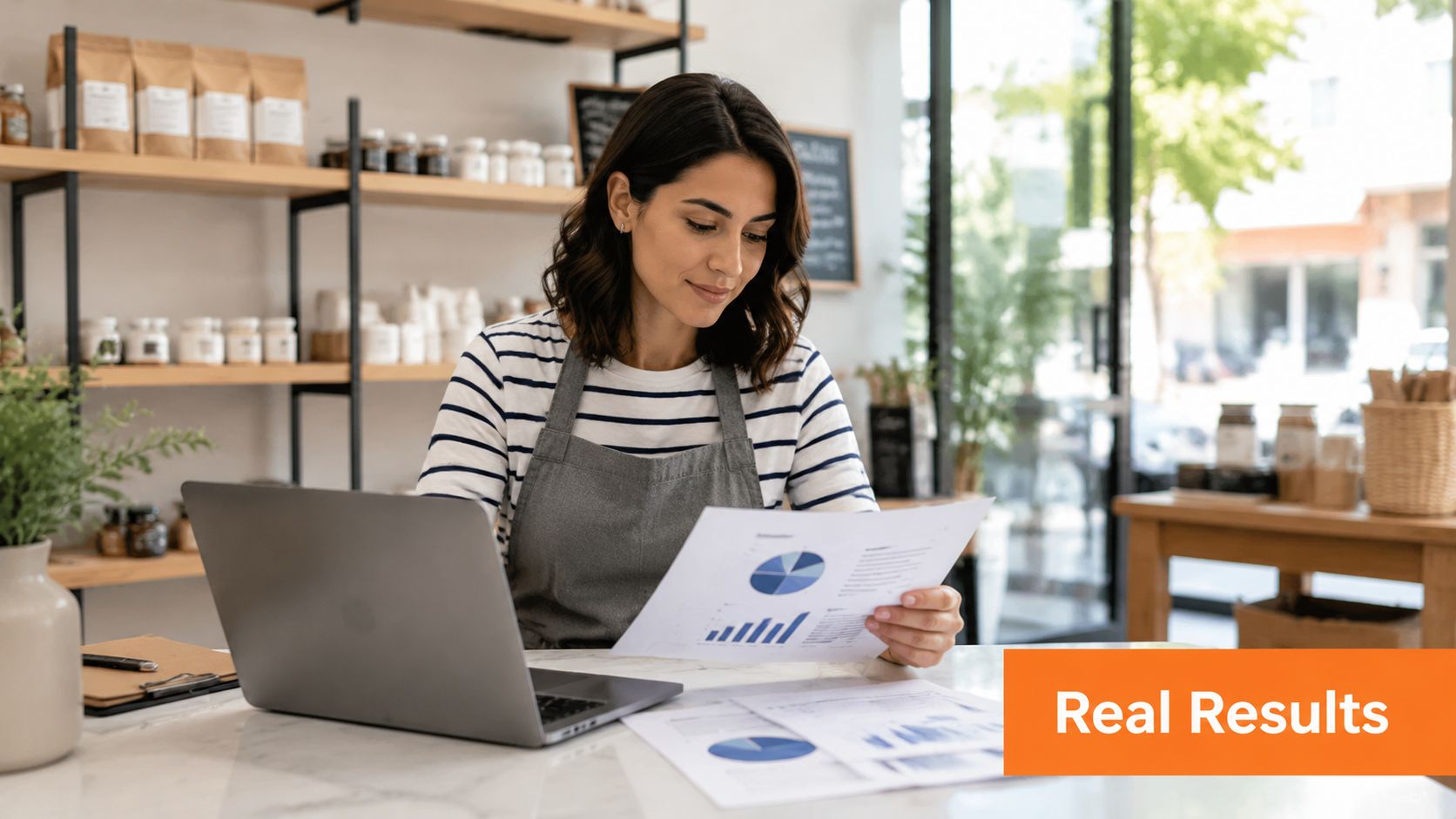 A woman wearing an apron reviewing business financial charts and data on papers while using a laptop.