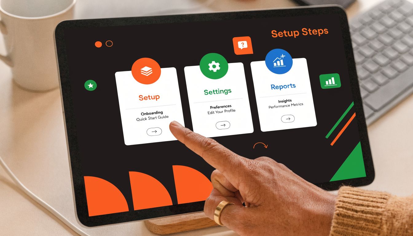 A person using a digital tablet to navigate a software setup interface with multiple configuration options.