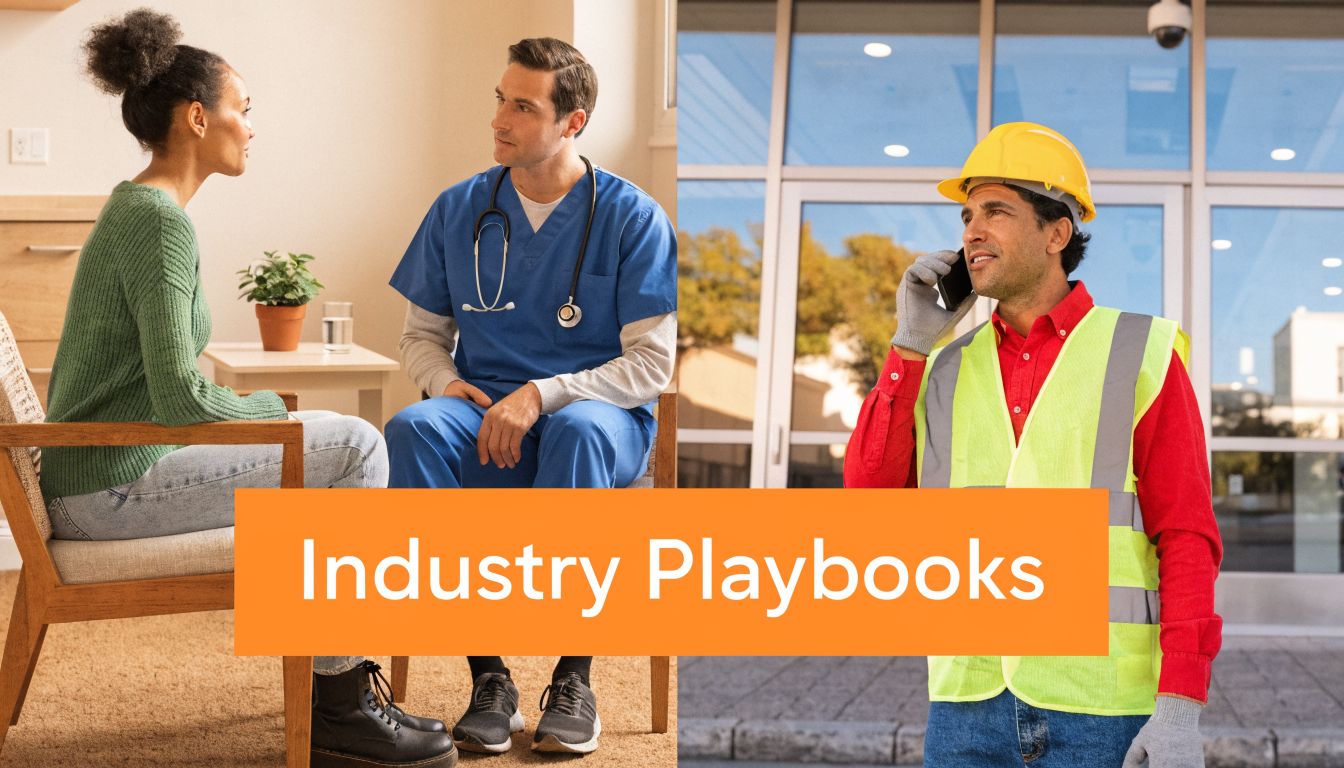 A split-screen image showing a healthcare professional consulting a patient and a construction worker on a phone.
