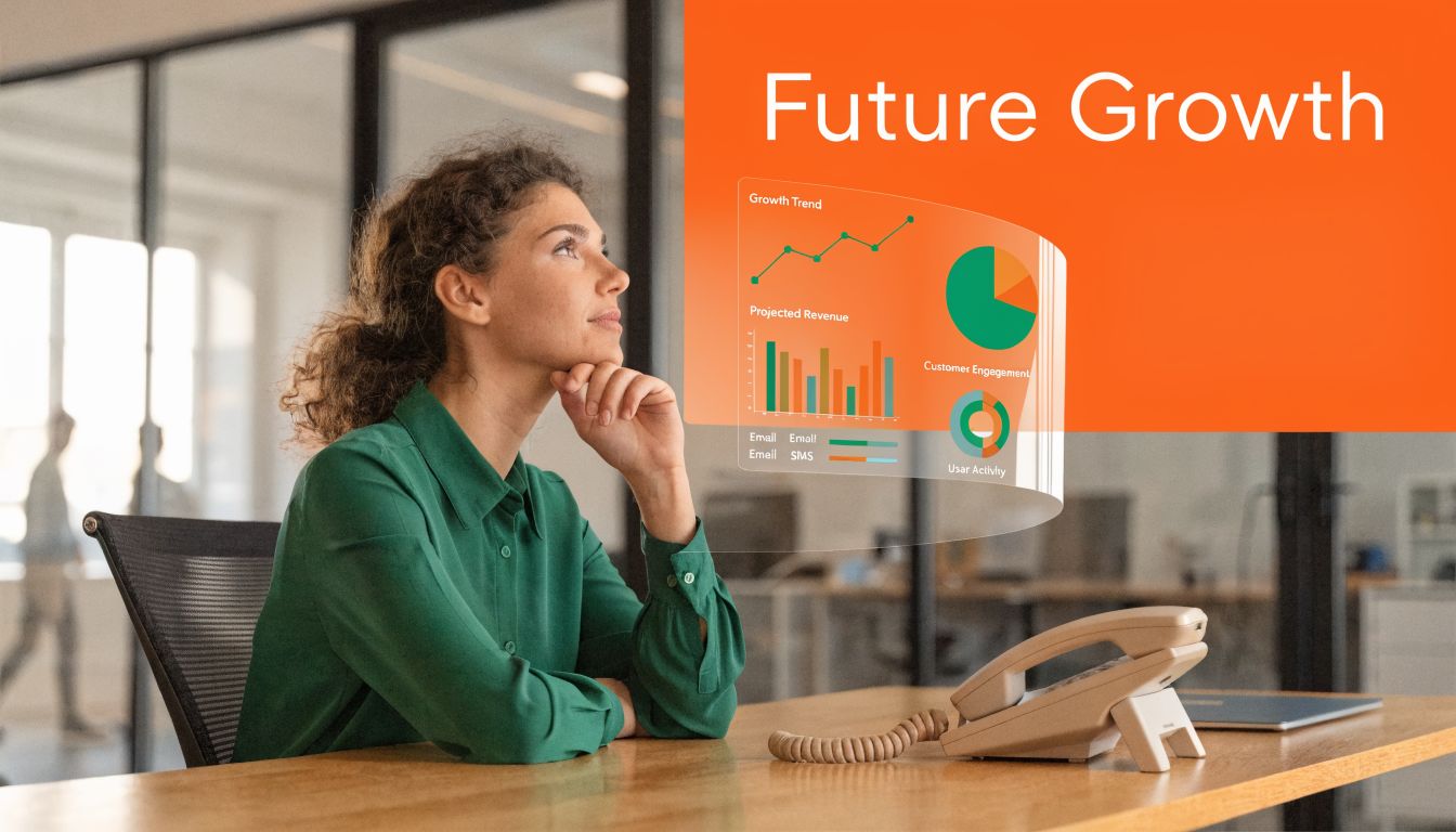 A professional woman in an office looks at a digital holographic display showing business growth charts.