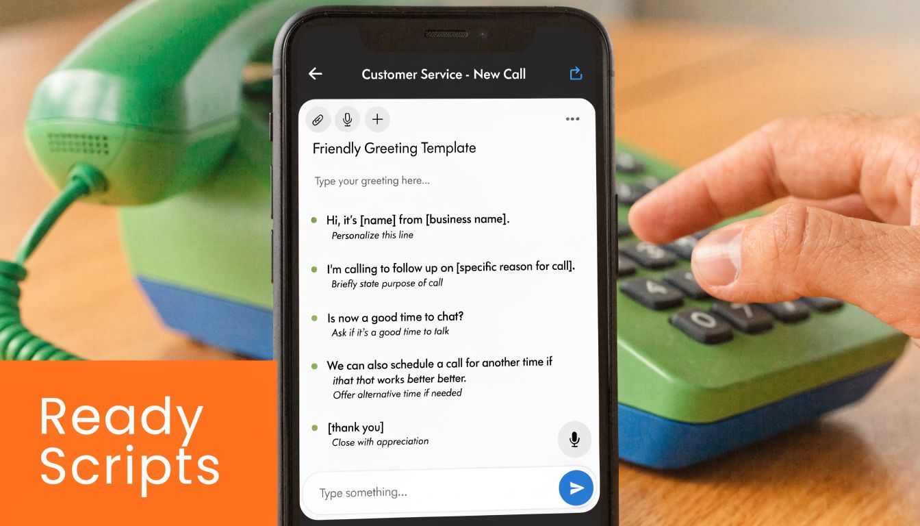 A smartphone screen displaying a friendly customer service call greeting script template for business use.
