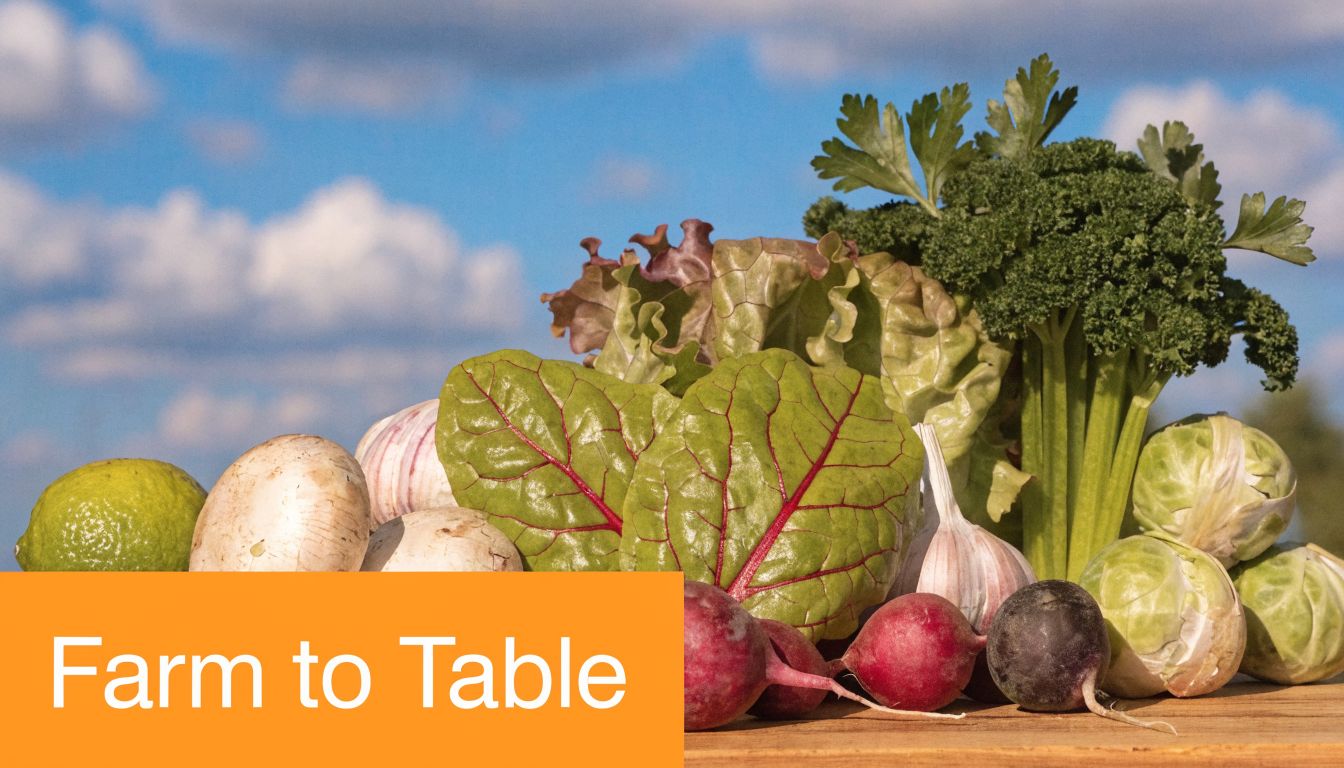 Fresh, colorful organic vegetables including leafy greens, radishes, mushrooms, and garlic sitting on a wooden surface.