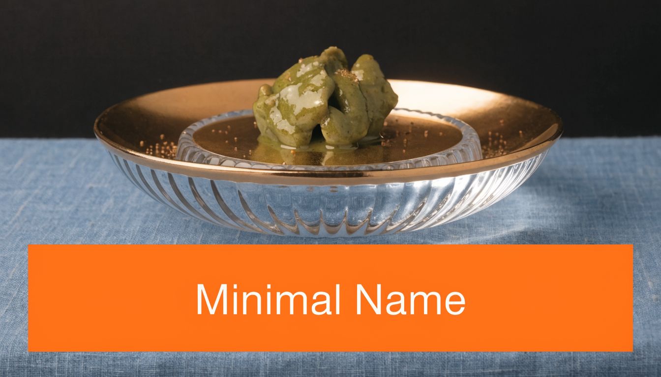 A sophisticated green dessert served in an elegant golden bowl on a blue linen tablecloth background.