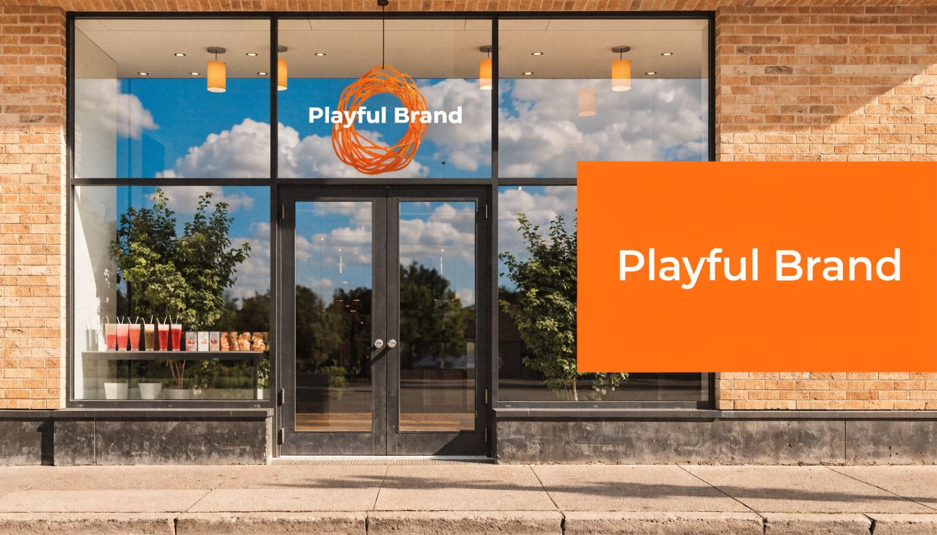 A modern restaurant storefront with a glass entrance, brick facade, and vibrant orange branding signage outside.