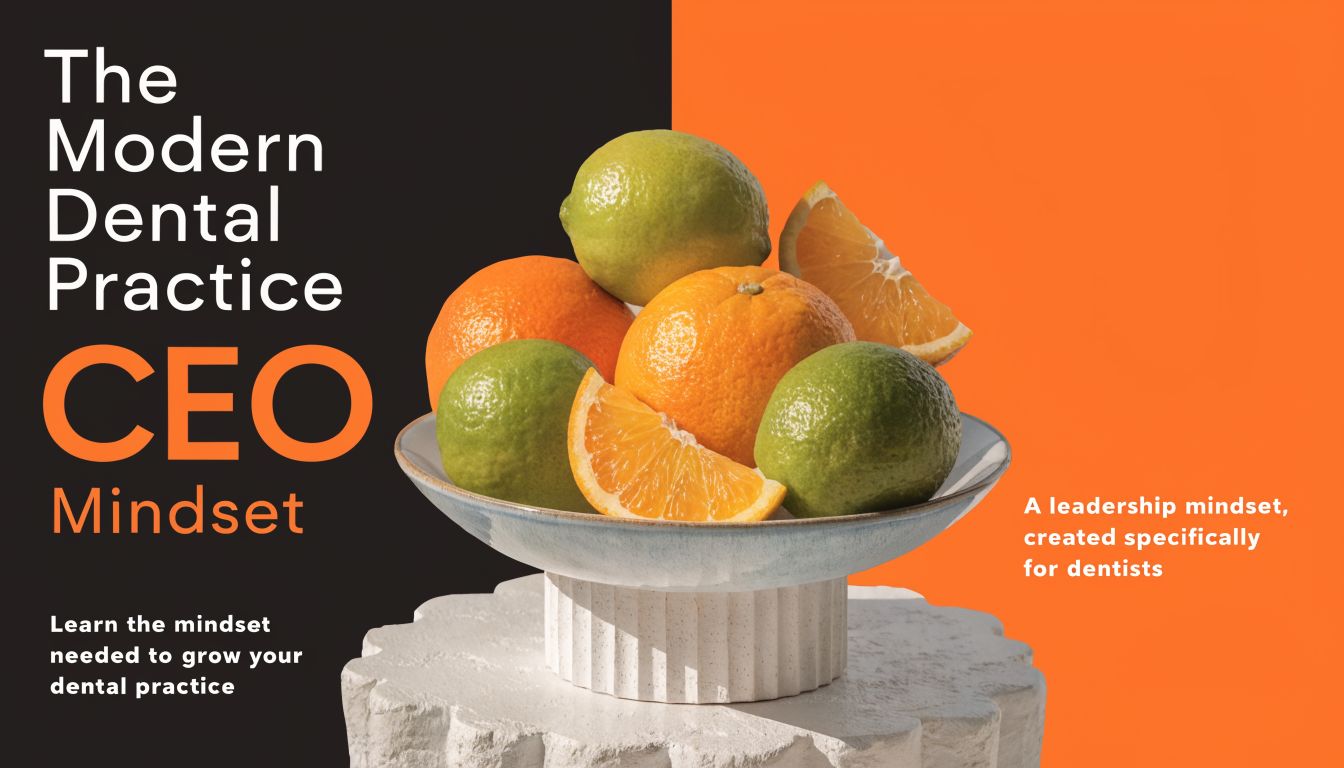 A bowl of fresh oranges and limes sitting on a stone pedestal with citrus themed marketing text.