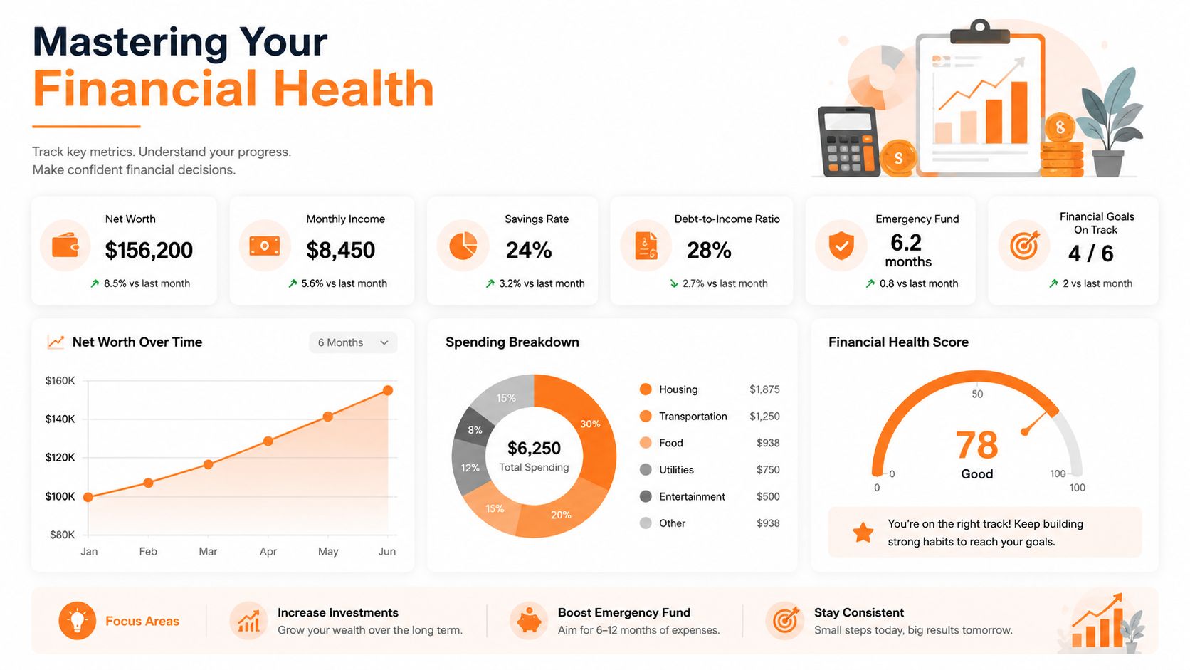 A financial dashboard showing net worth, monthly income, savings rate, spending breakdown, and financial health score.