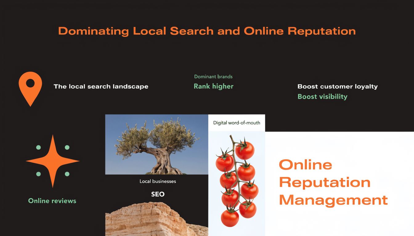 A marketing graphic titled Dominating Local Search and Online Reputation, illustrating local SEO and business growth.
