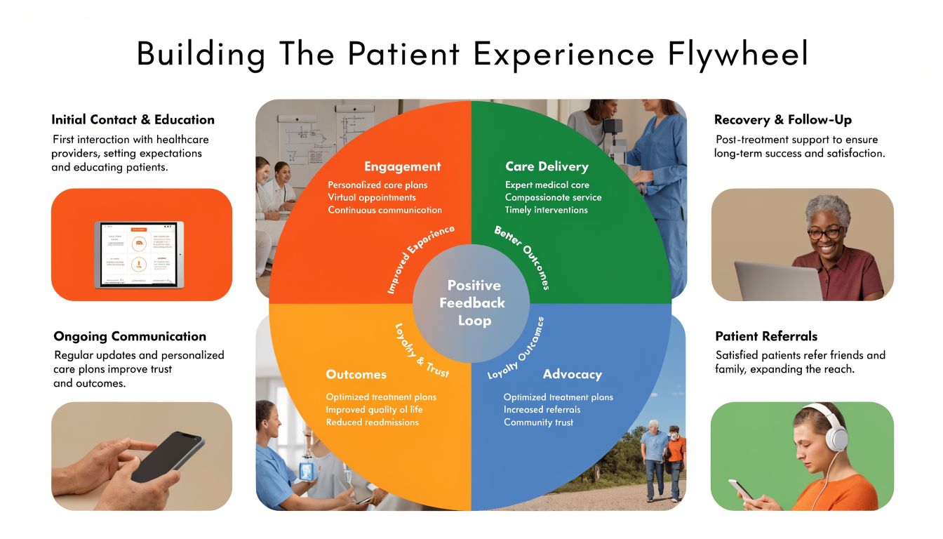 A diagram illustrating the patient experience flywheel for healthcare practices, emphasizing engagement, care delivery, outcomes, and advocacy.