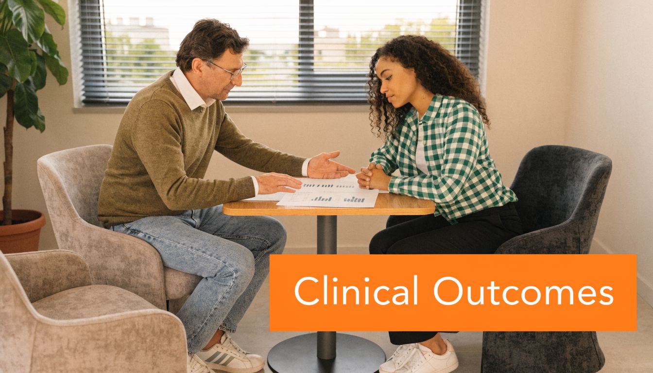 A professional doctor reviews clinical outcome data with a patient during a consultation in an office.