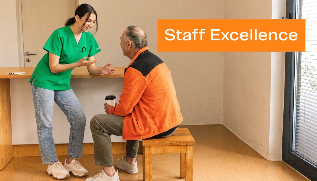 A healthcare worker in a green uniform talking to an elderly man sitting on a wooden stool.
