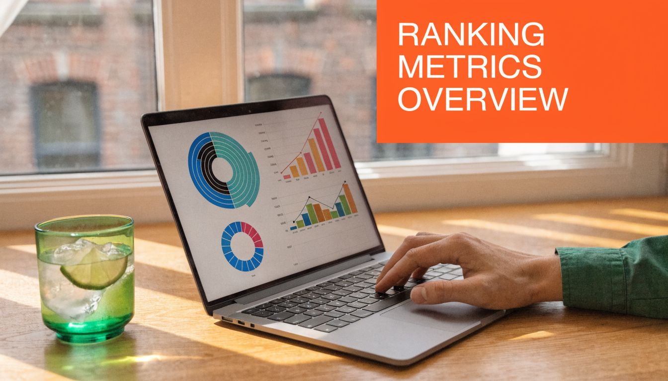 A person using a laptop displaying data charts with the title Ranking Metrics Overview on screen.