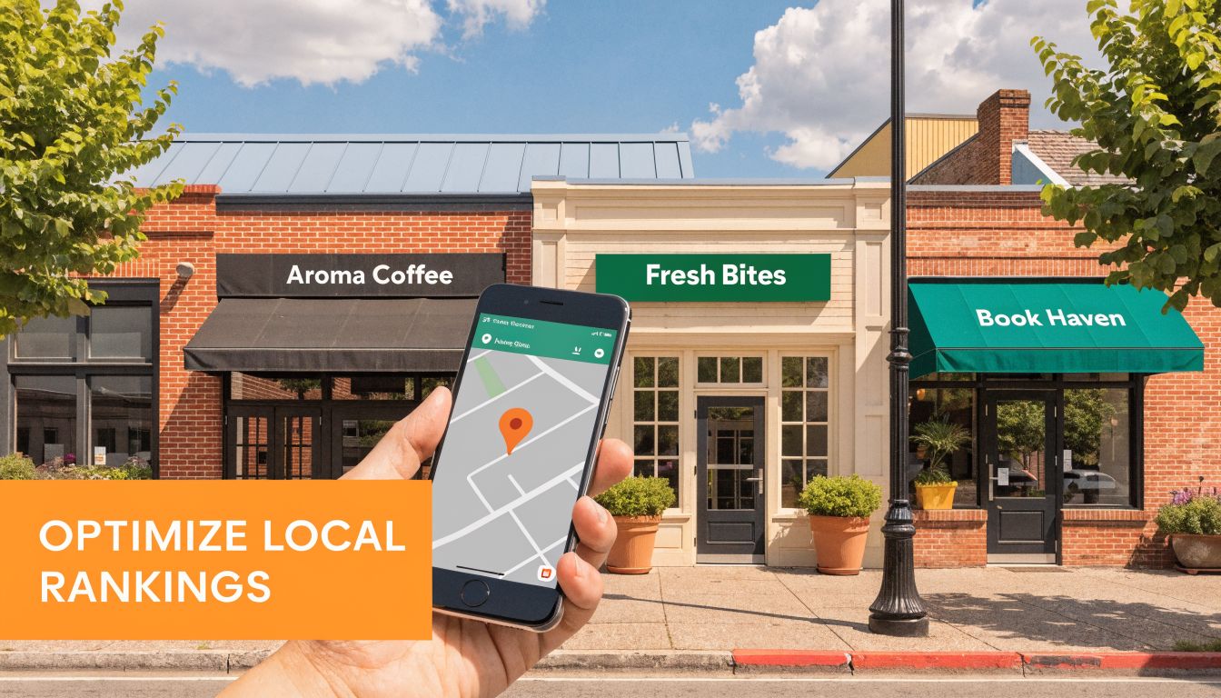 A hand holding a smartphone showing a map application in front of local small businesses.
