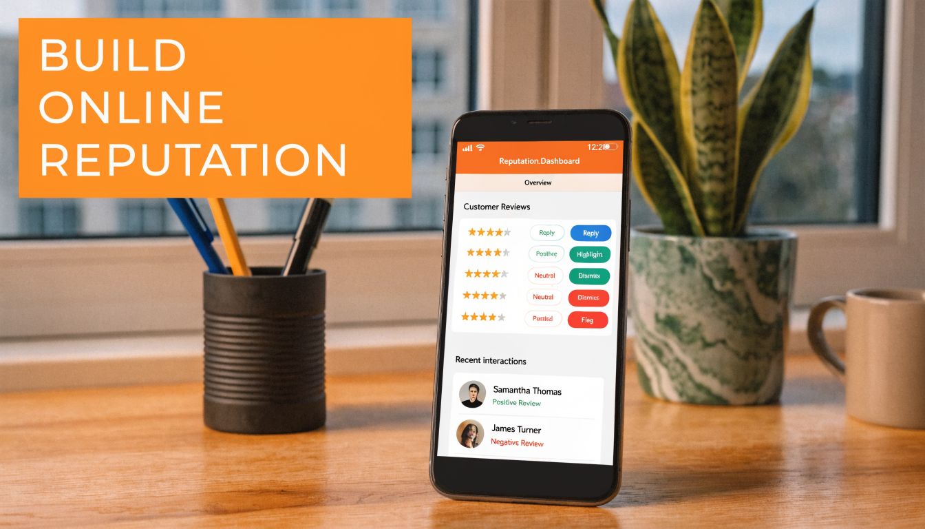 A smartphone displaying a reputation management dashboard on a wooden desk next to a plant.