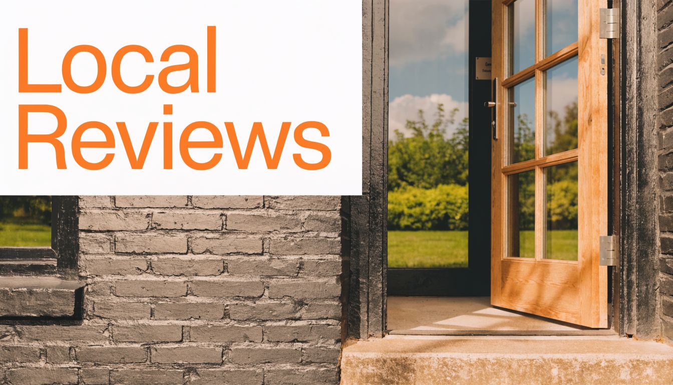 An open wooden door leading to a green outdoor landscape with text Local Reviews on top
