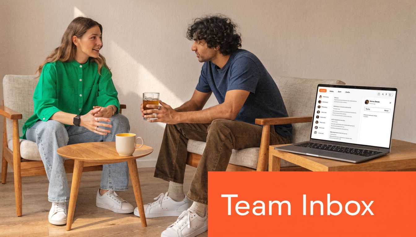Two colleagues sitting in chairs and discussing project ideas while looking at a team inbox laptop.