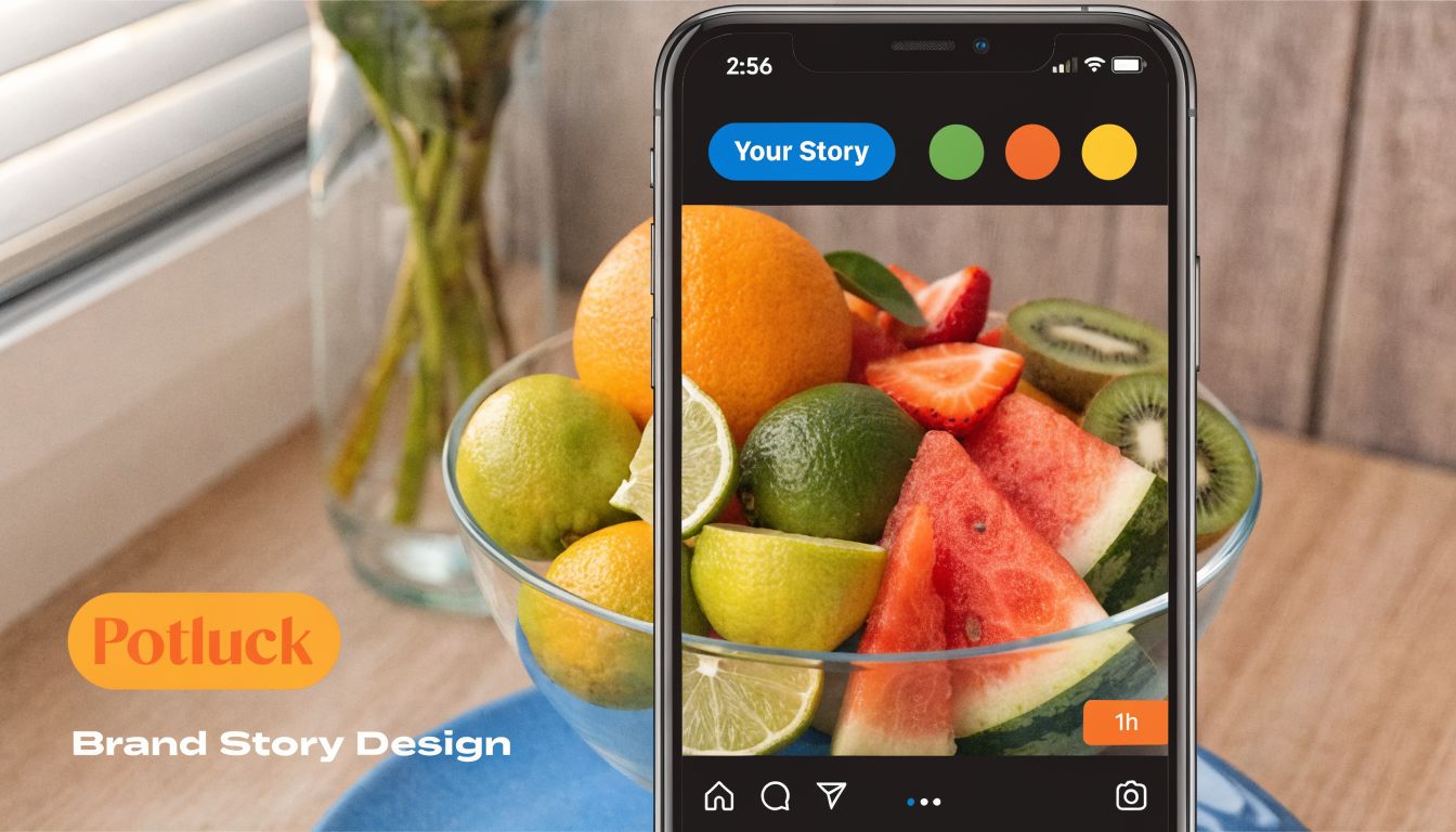 A smartphone screen displaying an Instagram story featuring a vibrant bowl of mixed fruits on a table.