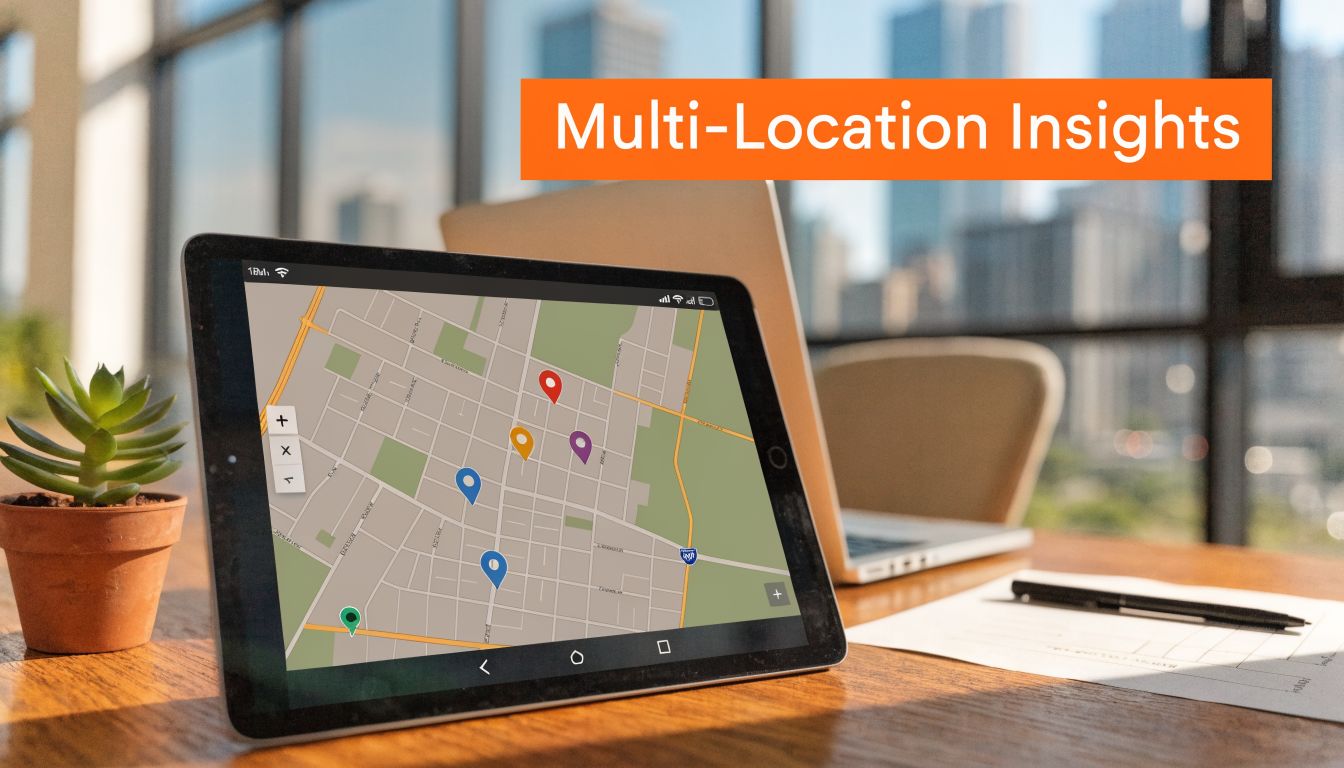 A tablet on an office desk displaying a digital map with multiple colorful location pins marked.