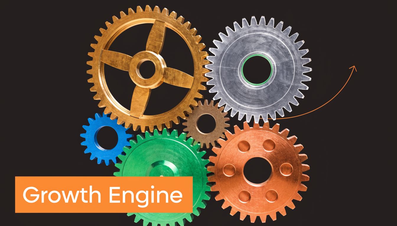 A colorful arrangement of interlocking metal gears representing a mechanical system, labeled as a Growth Engine.