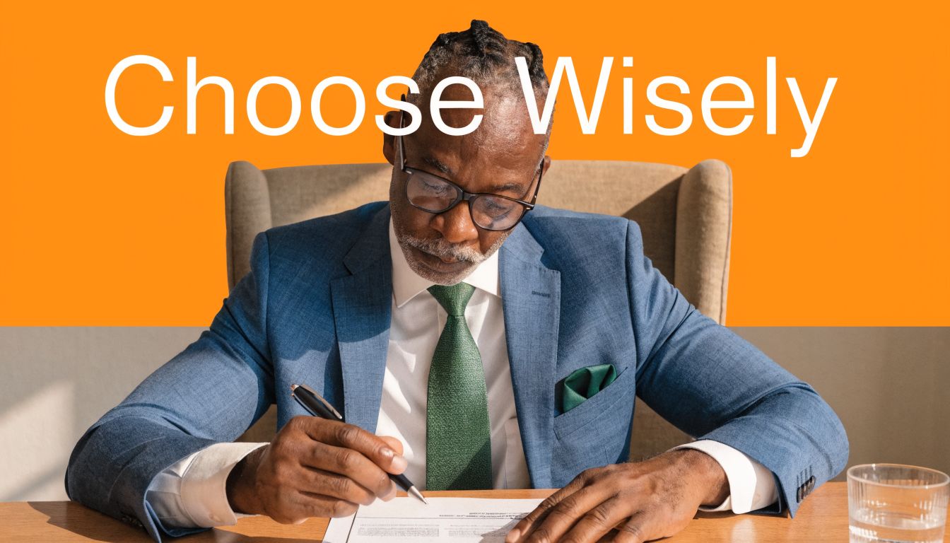 A professional man in a business suit signing a contract while sitting at a desk.