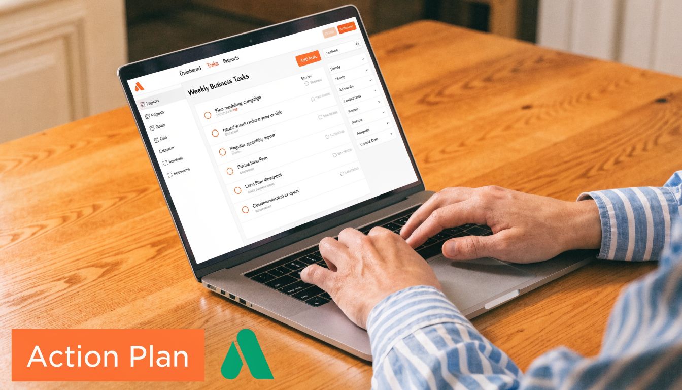 A professional using a laptop to manage business tasks on a digital dashboard for project management.