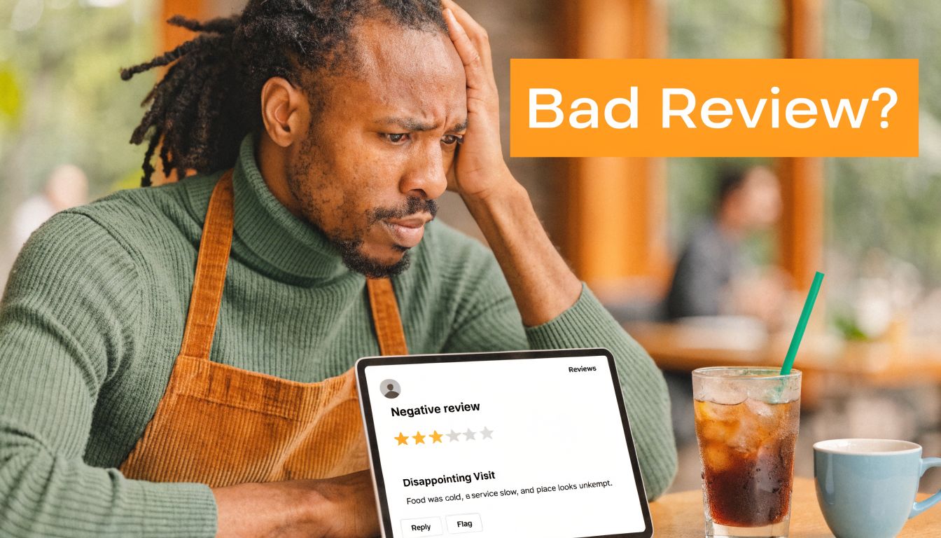 A concerned restaurant owner or employee looking at a negative review displayed on a tablet computer.