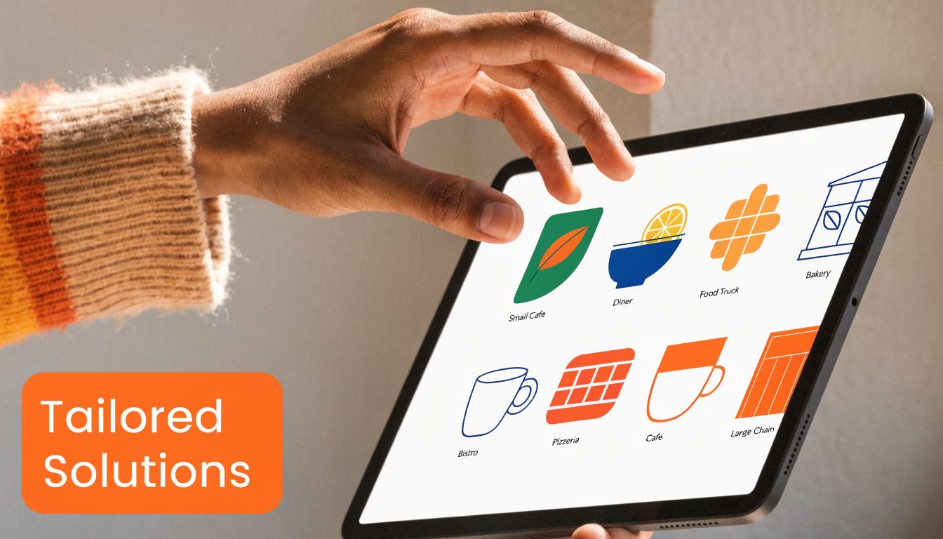 A hand selecting digital business icons for food establishments on a tablet screen for marketing solutions.