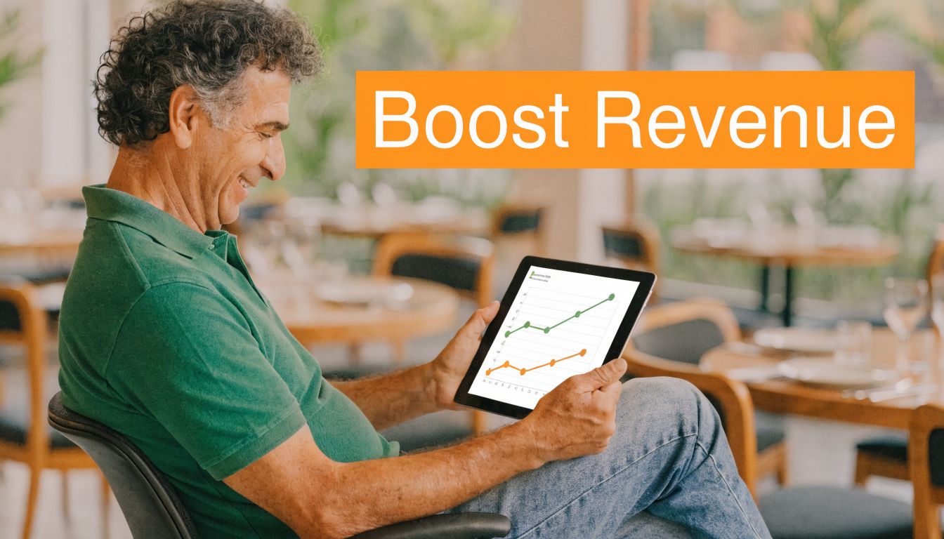 A smiling man sitting in a restaurant while viewing a positive revenue growth chart on a tablet.
