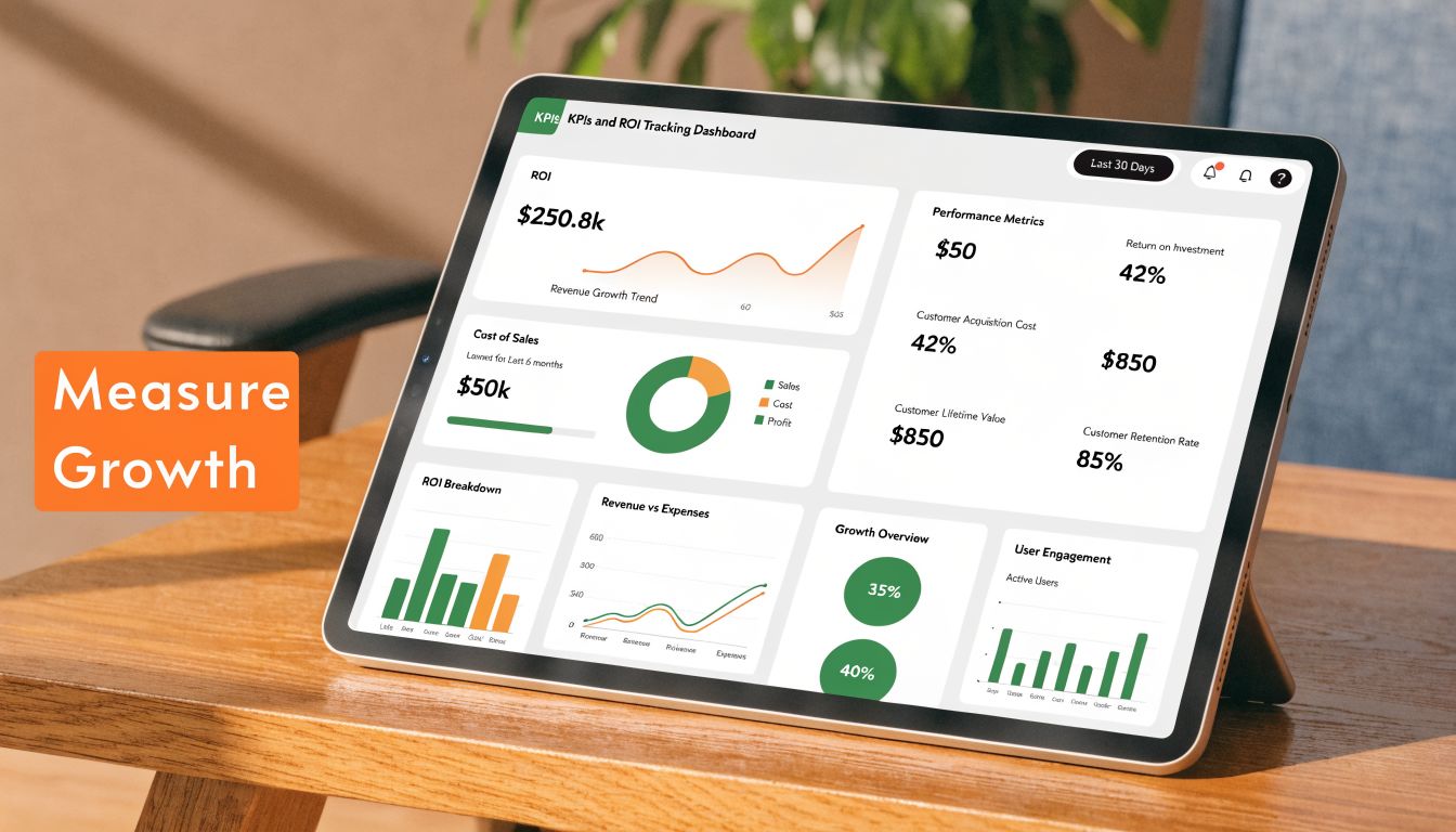 A digital tablet displaying a detailed ROI tracking and business growth dashboard sitting on a wooden desk.