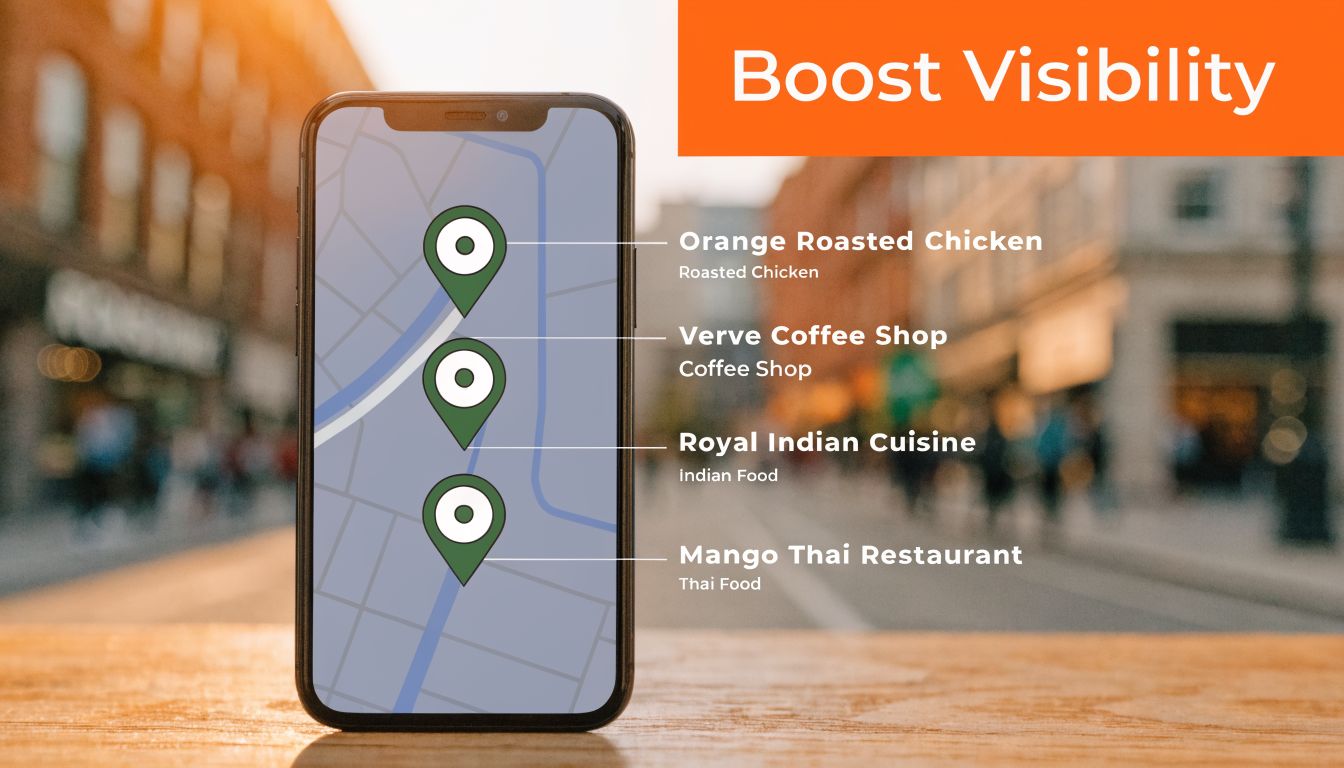 A smartphone displaying a digital map with location pins identifying various local restaurant and cafe businesses.