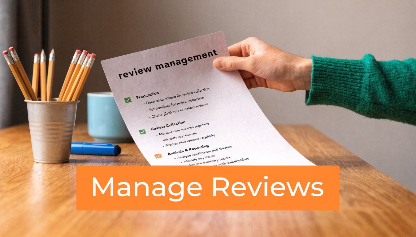 A hand holding a document titled review management, with pencils in a container on a wooden table.