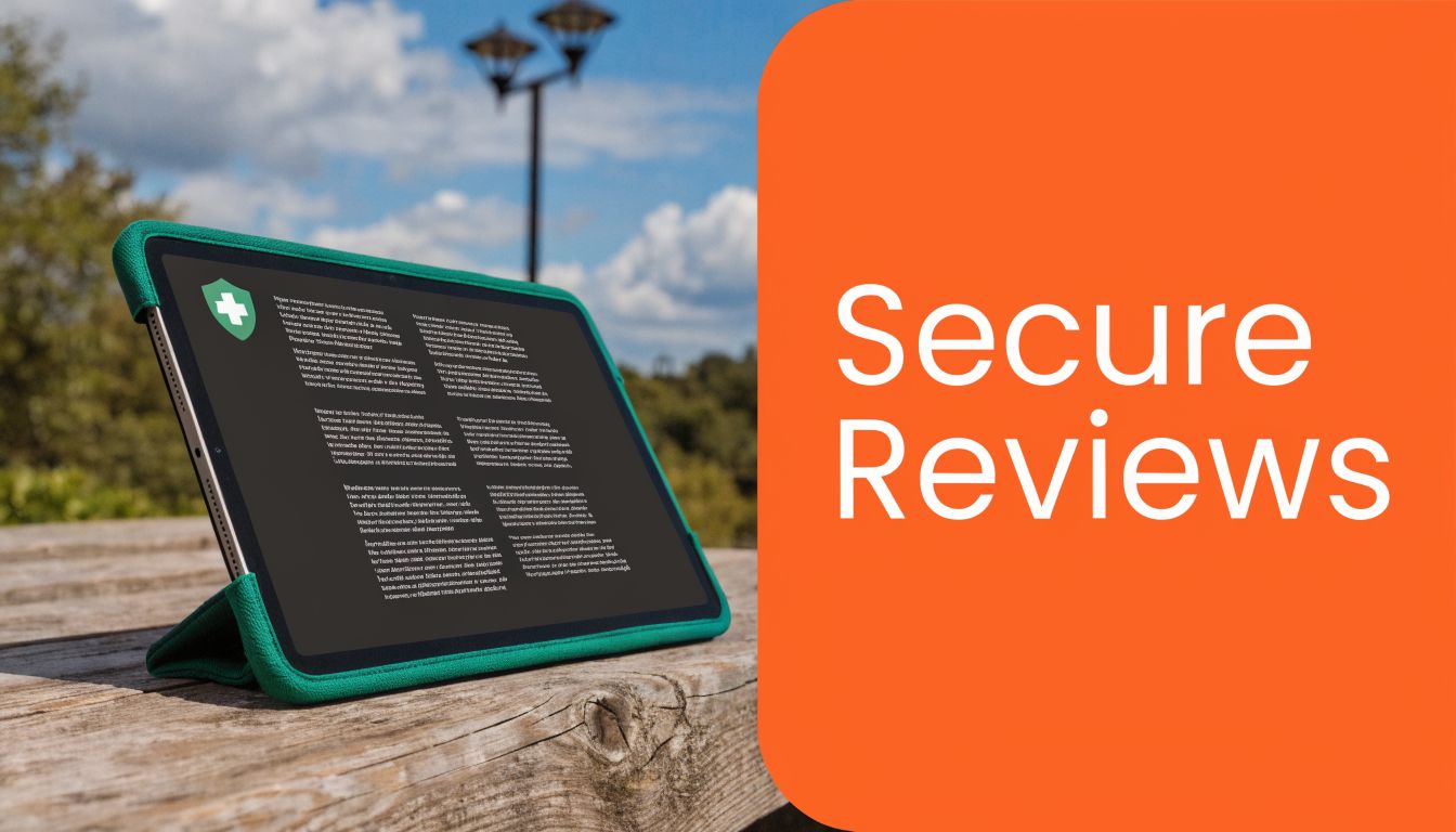 A digital tablet displaying medical information rests on a wooden bench with text Secure Reviews alongside.