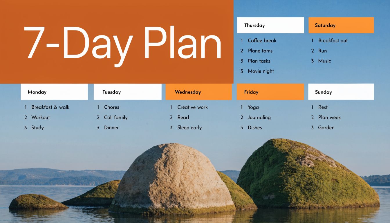 A 7-day weekly planner schedule set against a scenic background of islands in the water.