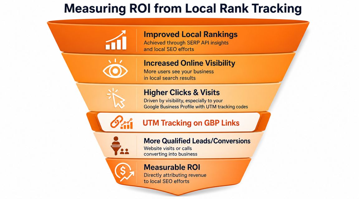 A funnel graphic illustrating the step-by-step process of measuring ROI from local rank tracking for businesses.