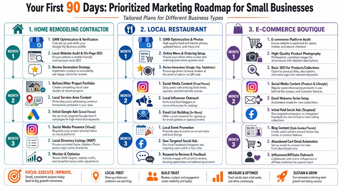 A 90-day marketing roadmap infographic offering step-by-step strategies for contractors, restaurants, and e-commerce businesses.