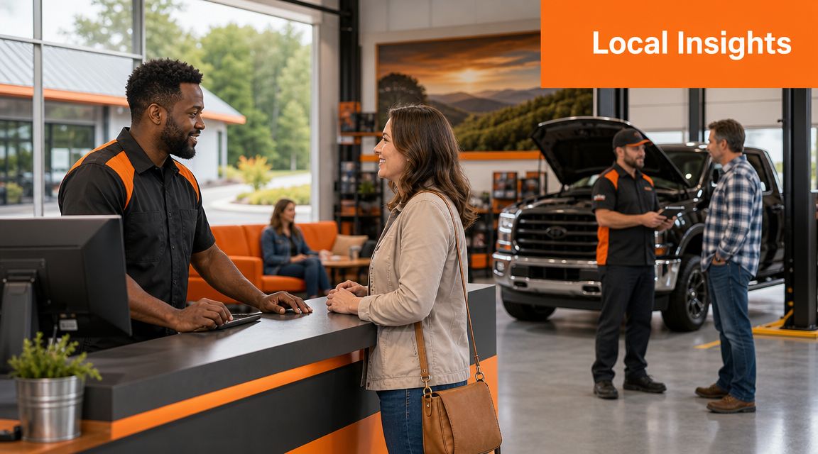 A friendly service advisor assists a female customer at an auto repair shop front desk.