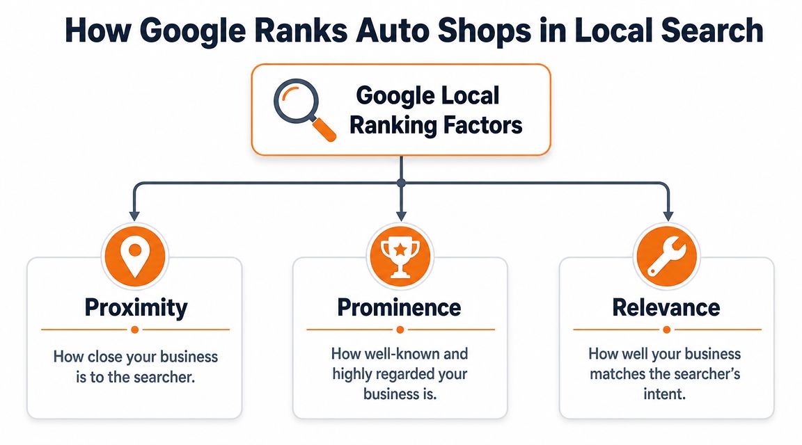 An infographic showing the three main Google local ranking factors: proximity, prominence, and relevance for auto shops.