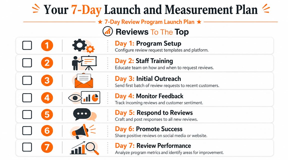 A 7-day checklist graphic for launching a business review program with actionable steps for each day.